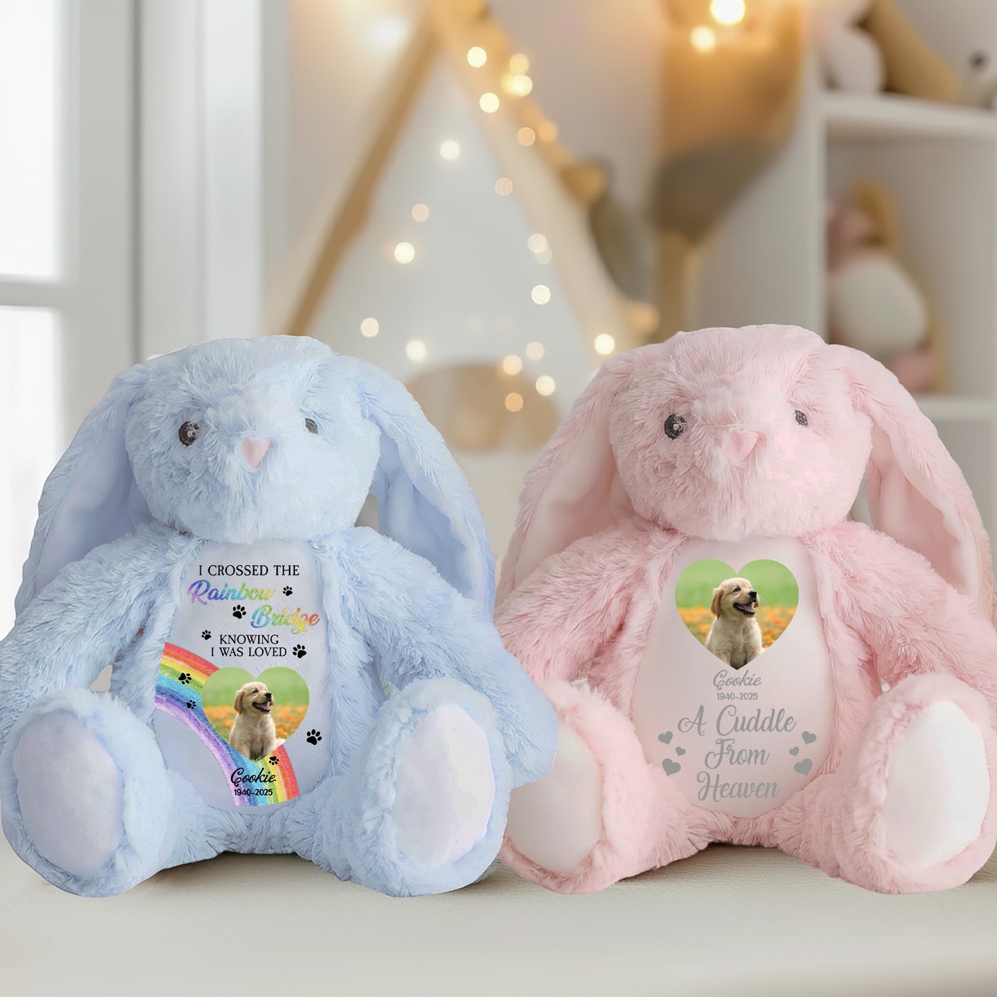 Custom Photo Memorial I Crossed Rainbow Bridge- Plush Stuffed Bunny Rabbit - Pet Loss