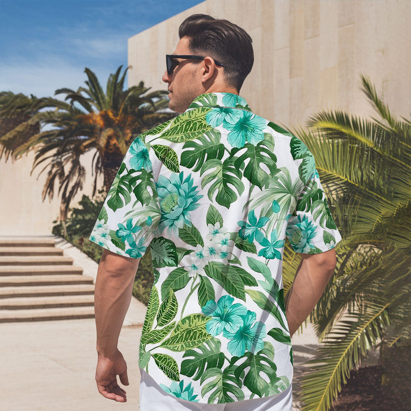 Hibiscus Hawaiian Shirt - Unisex White Shirt with Aqua Flowers & Green Jungle Leaves