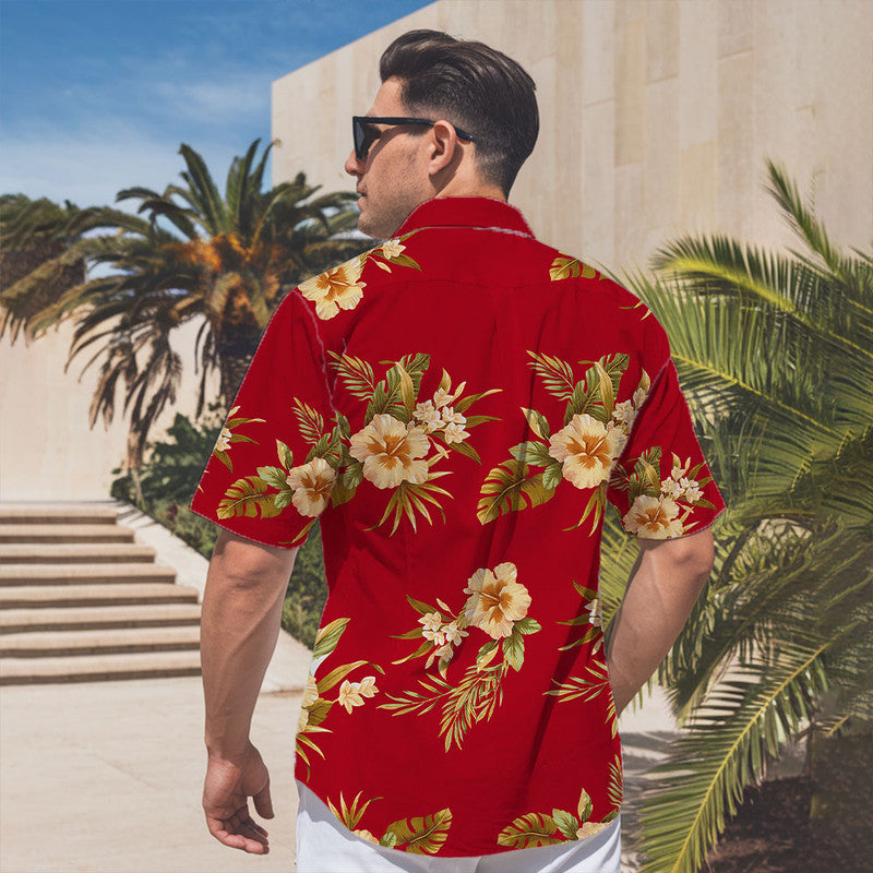 Hibiscus Hawaiian Shirt - Unisex Red Shirt with Yellow Flowers & Tropical Leaf Design