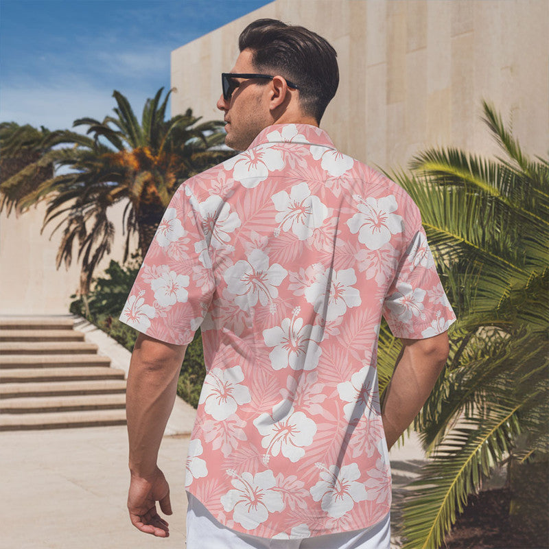 Hibiscus Hawaiian Shirt - Unisex Pastel Pink Shirt with White Floral & Leaf Pattern