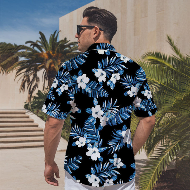 Hibiscus Hawaiian Shirt - Unisex Black Shirt with White Flowers & Blue Tropical Leaves