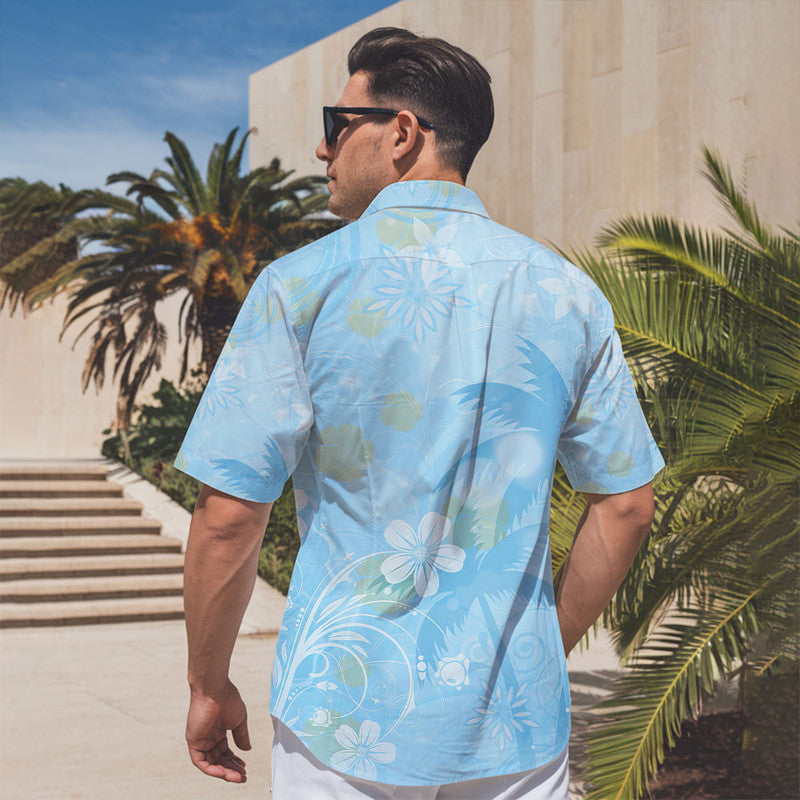 Hibiscus Hawaiian Shirt - Unisex Light Blue Shirt with Subtle Tropical Palm & Floral Design