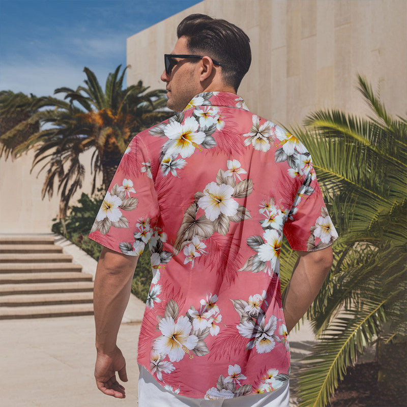 Hibiscus Hawaiian Shirt - Unisex Pink Shirt with White & Yellow Tropical Flowers