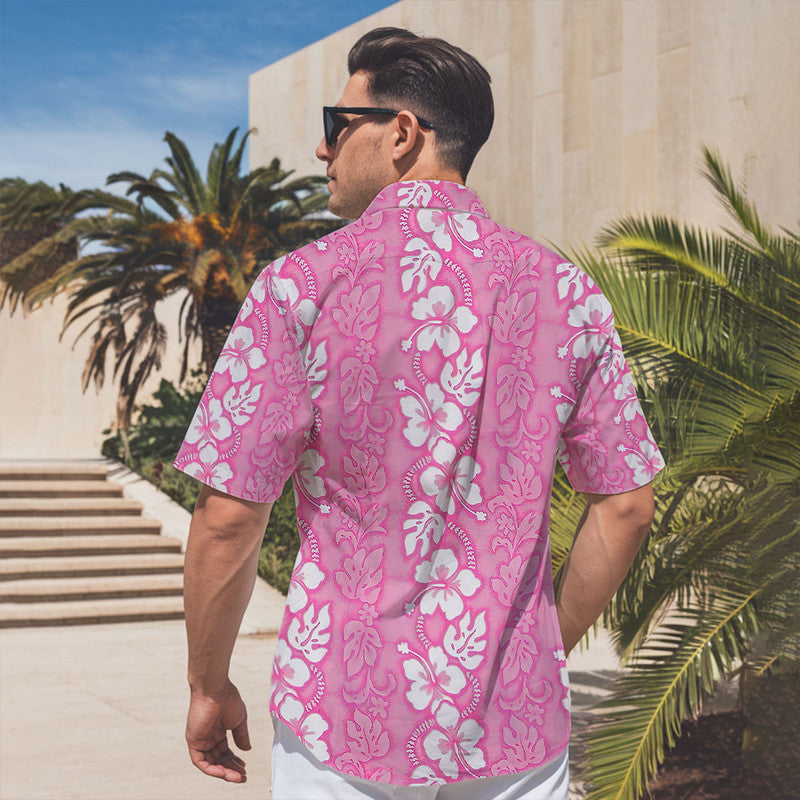 Hibiscus Hawaiian Shirt - Unisex Pink Shirt with White Flowers & Tribal Floral Pattern
