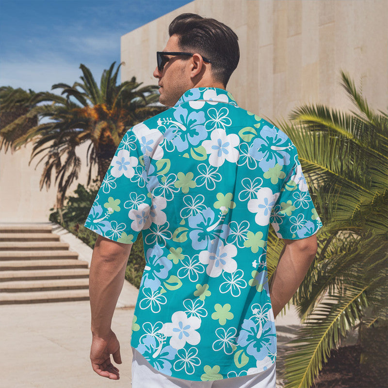 Hibiscus Hawaiian Shirt - Unisex Teal Shirt with White & Blue Tropical Floral Pattern