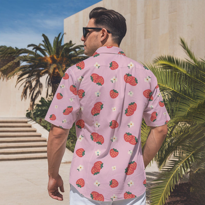 Strawberry Hawaiian Shirt - Cute Pink Unisex Shirt with Red Berries & White Flowers