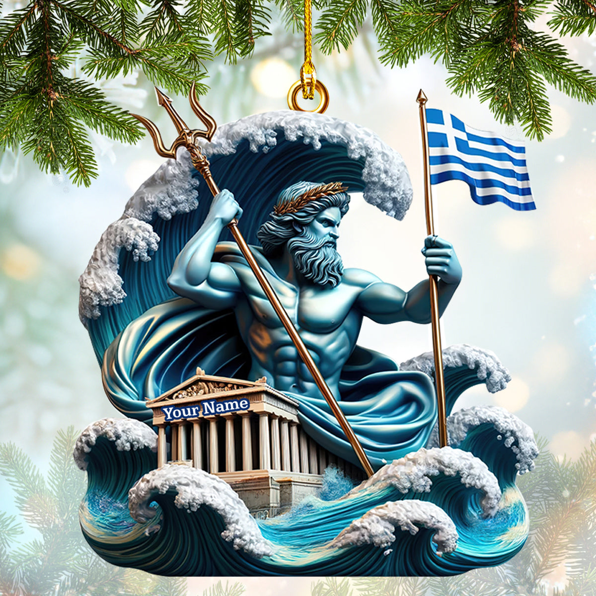 Custom Poseidon Greek Ornament, Personalized Ocean God Decor with Greek Flag and Parthenon