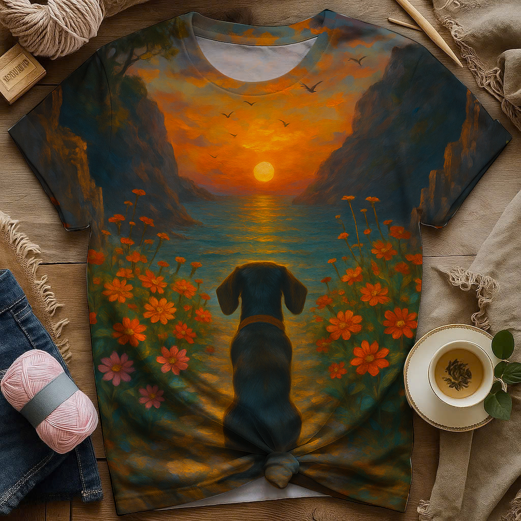 Dachshund Watching Sunset Flowers