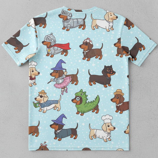 Dachshund Costume Party AOP T-Shirt - Cute Wiener Dogs Dressed as Chef, Pirate & Dino - Unique Dog Lover Gift