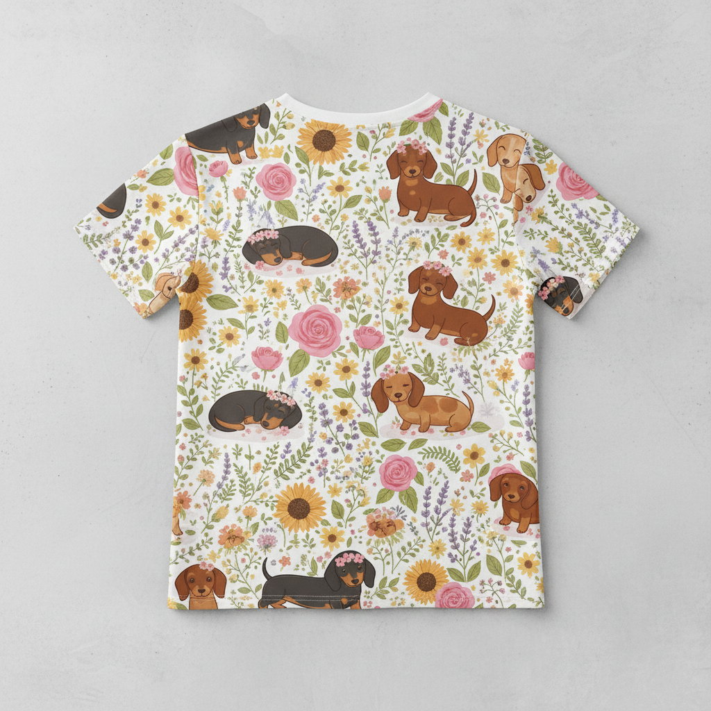 Dachshund Floral AOP T-Shirt - Cute Wiener Dogs & Summer Sunflower Rose Pattern