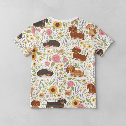 Dachshund Floral AOP T-Shirt - Cute Wiener Dogs & Summer Sunflower Rose Pattern