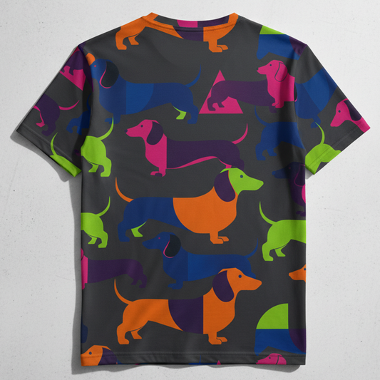 Geometric Dachshund AOP T-Shirt - Abstract Color Block Wiener Dog Pattern - Modern Art Doxie Tee