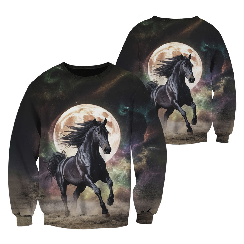 Black Horse T-Shirt - Majestic Midnight Run Under Full Moon