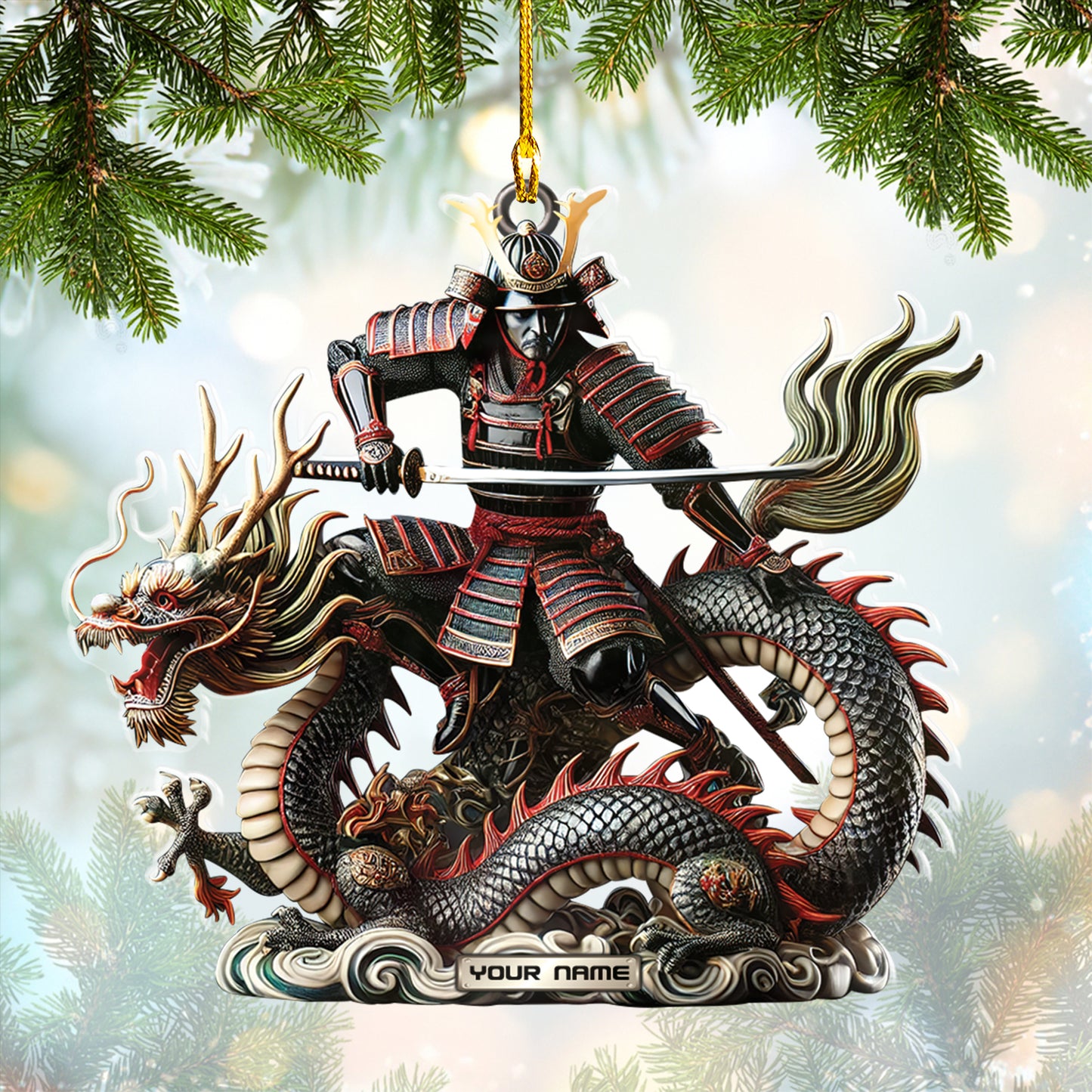 Personalized Samurai Dragon Ornament Custom Japanese Warrior Decor WIth Mythical Dragon
