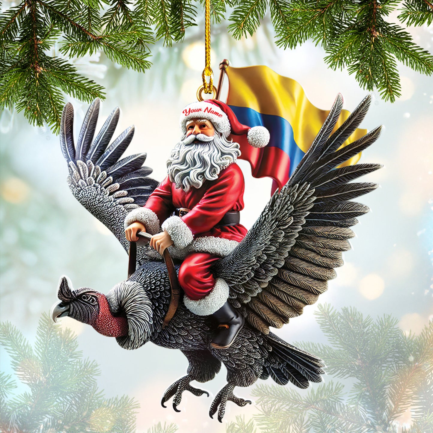 Customizable Santa Riding Andes Condor With Colombia Flag Ornament, Home Decor Gift For Colombia Lovers