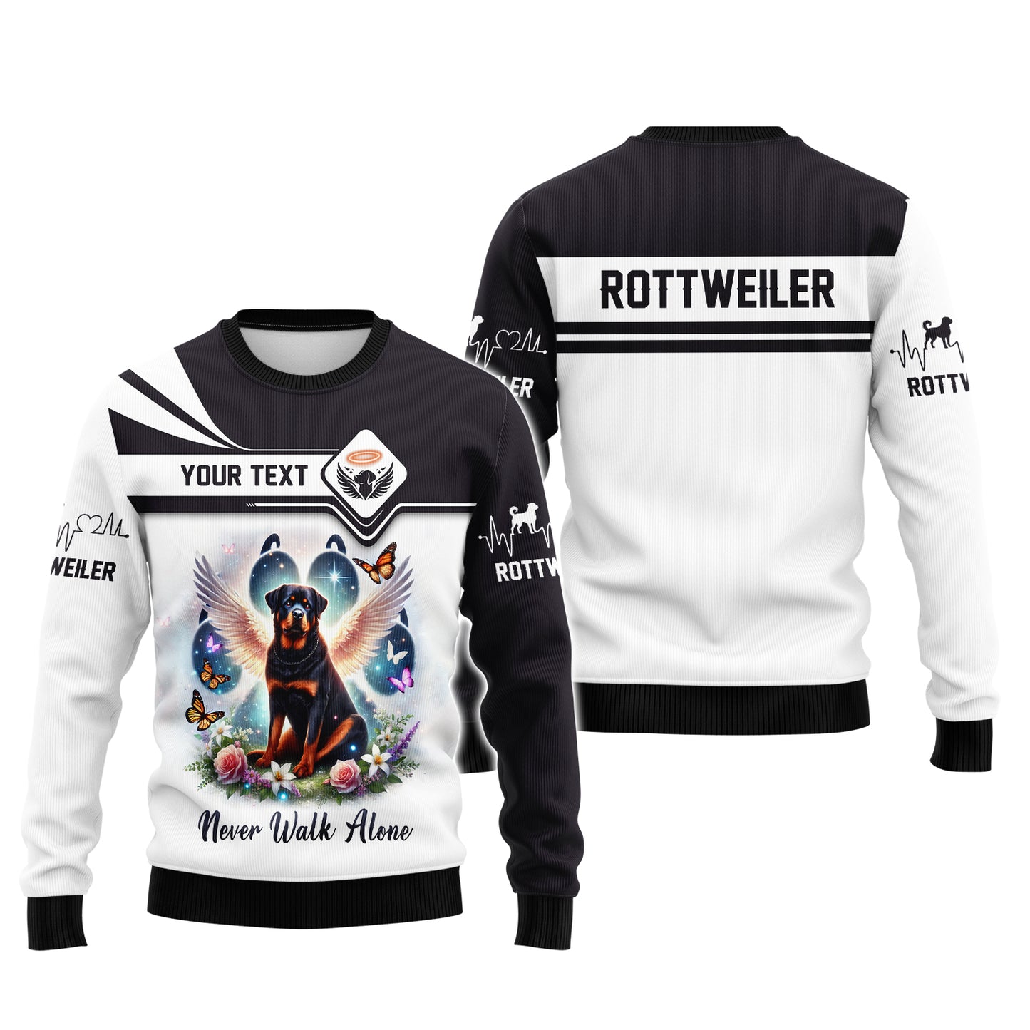 3D Full Print Angel Wings Rottweiler Never Walk Alone T-Shirt Personalized Name Gift For Dog Lovers