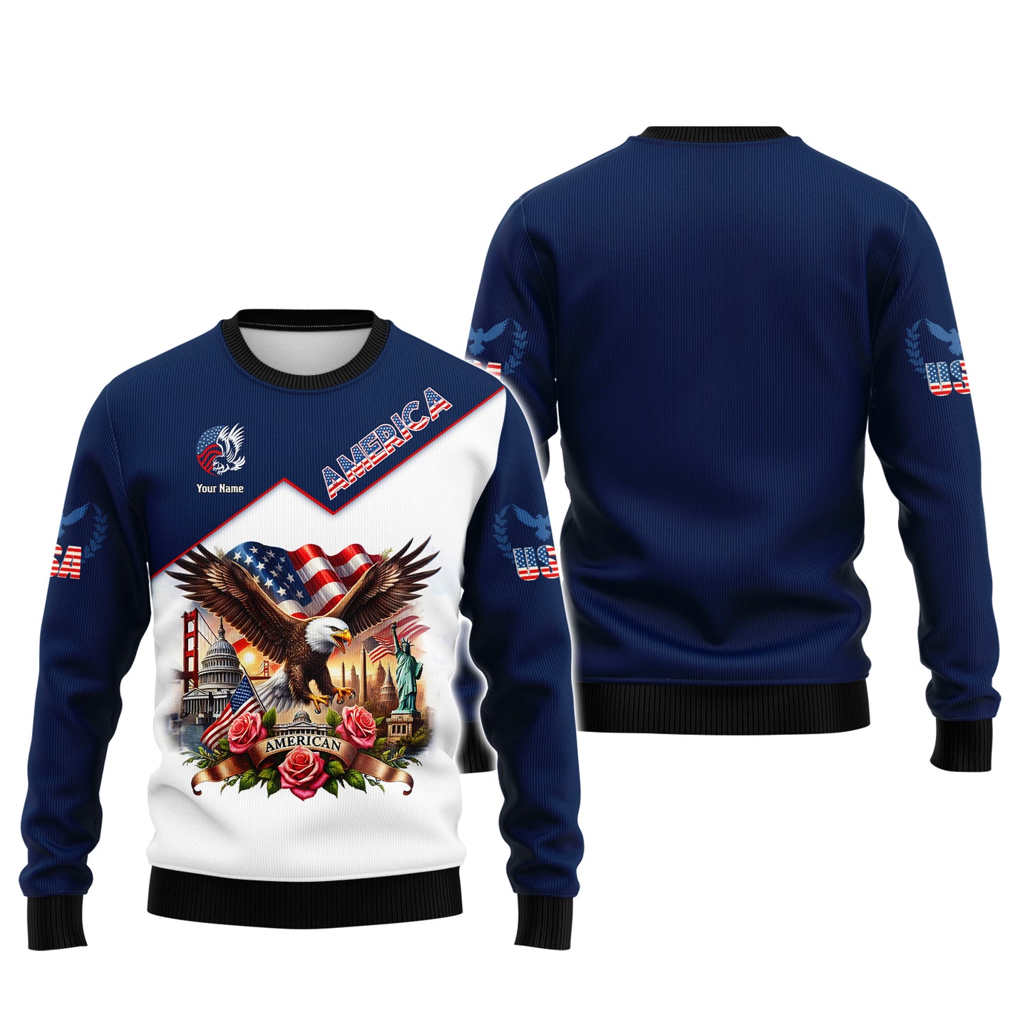 Camiseta unisex americana con nombre personalizado, camiseta con águila americana y rosa, camiseta para amantes de Estados Unidos