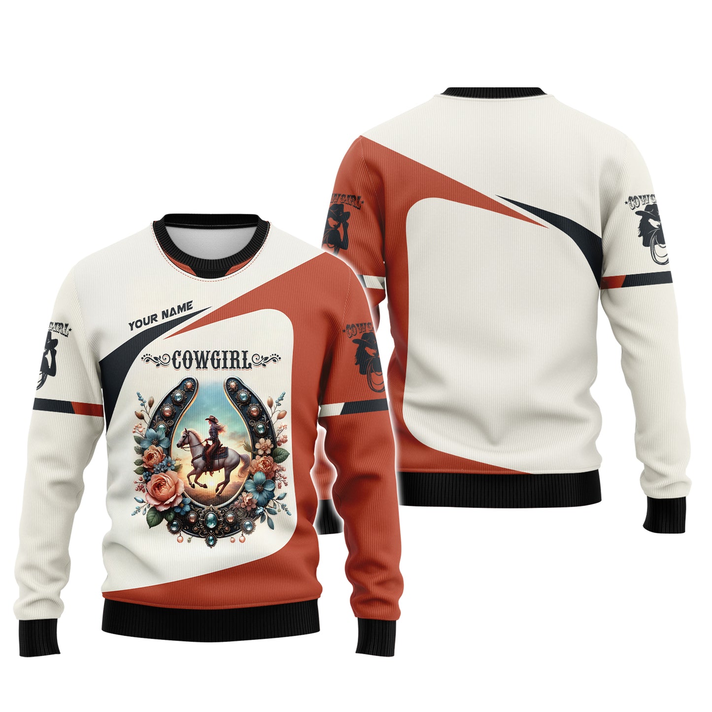 Custom Name Cowgirl With Horseshoe Flowers 3D Zipper Hoodie Gift For Cowgirl Lovers