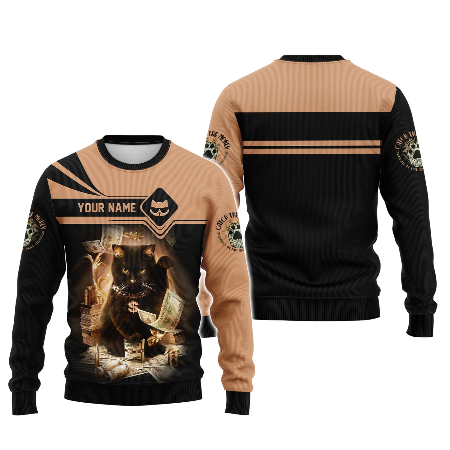 Camiseta personalizada con nombre en 3D de gato negro para Halloween, regalo de truco o trato para los amantes de Halloween