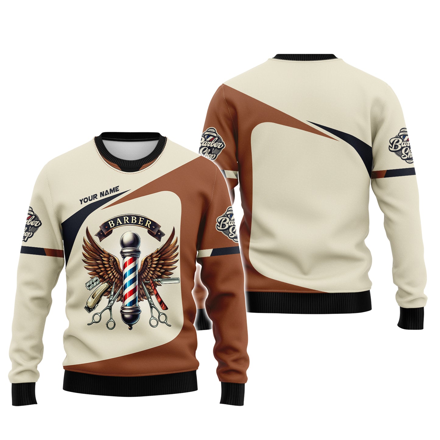 Camisetas con herramientas de barbero doradas con impresión completa en 3D, regalo con nombre personalizado para amantes de la peluquería