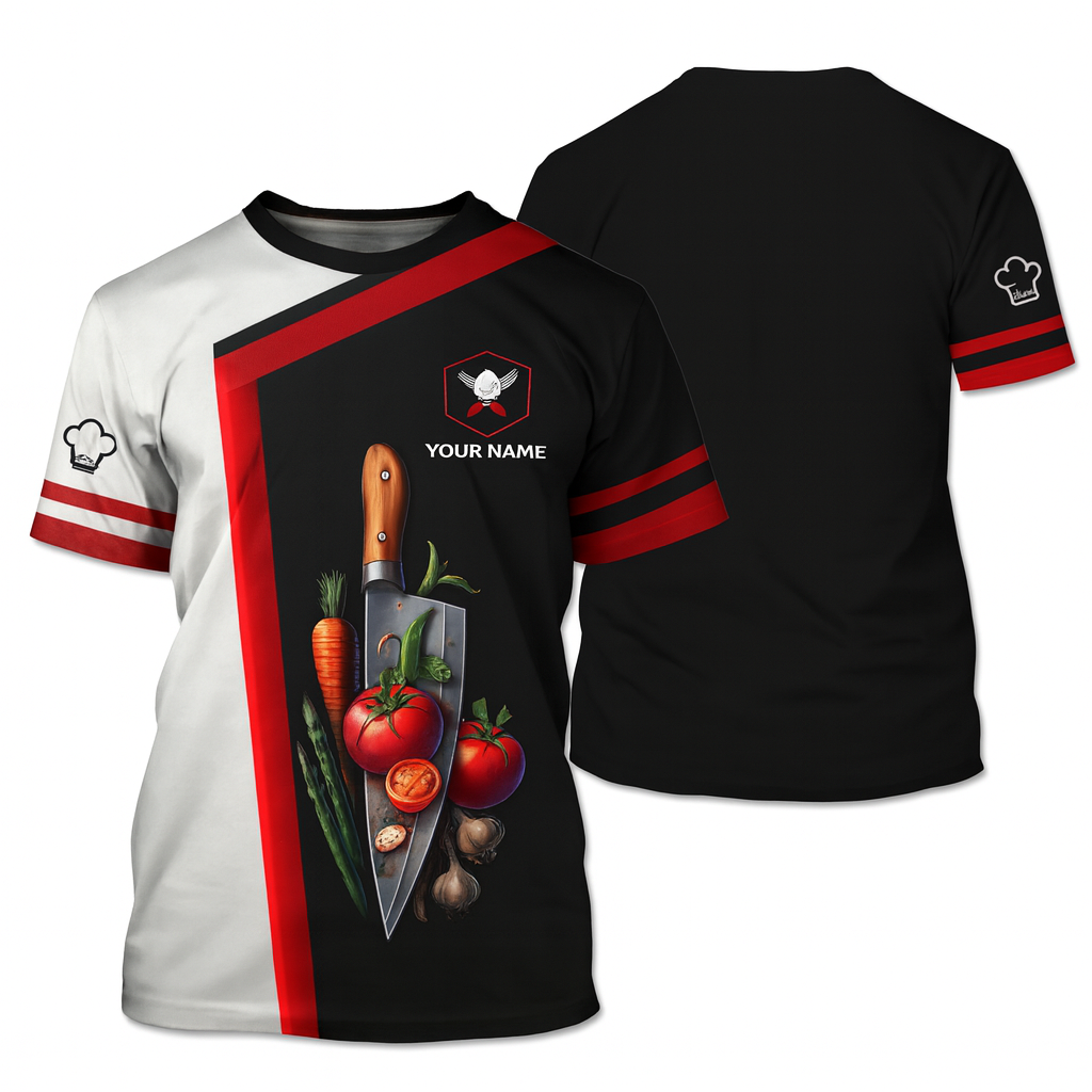 Personalized Chef T Shirt - Knife & Vegetables Black Red Split Design