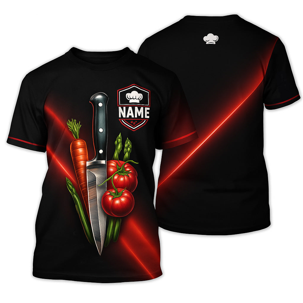 Personalized Chef T Shirt - Knife with Vegetables Red Glow Design