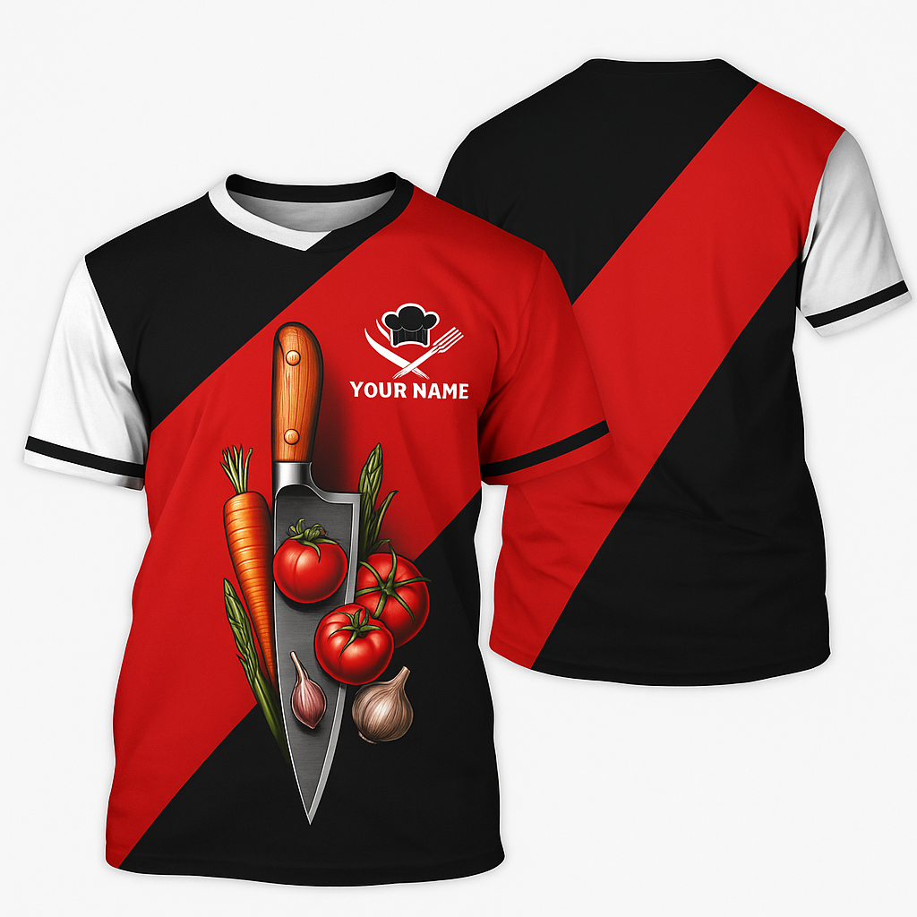 Personalized Chef T Shirt - Red Black Knife and Vegetables Design
