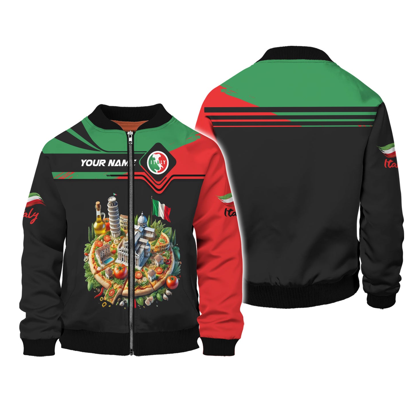 Camiseta personalizada con el nombre de los famosos símbolos italianos impresos en 3D en una pizza para amantes de Italia