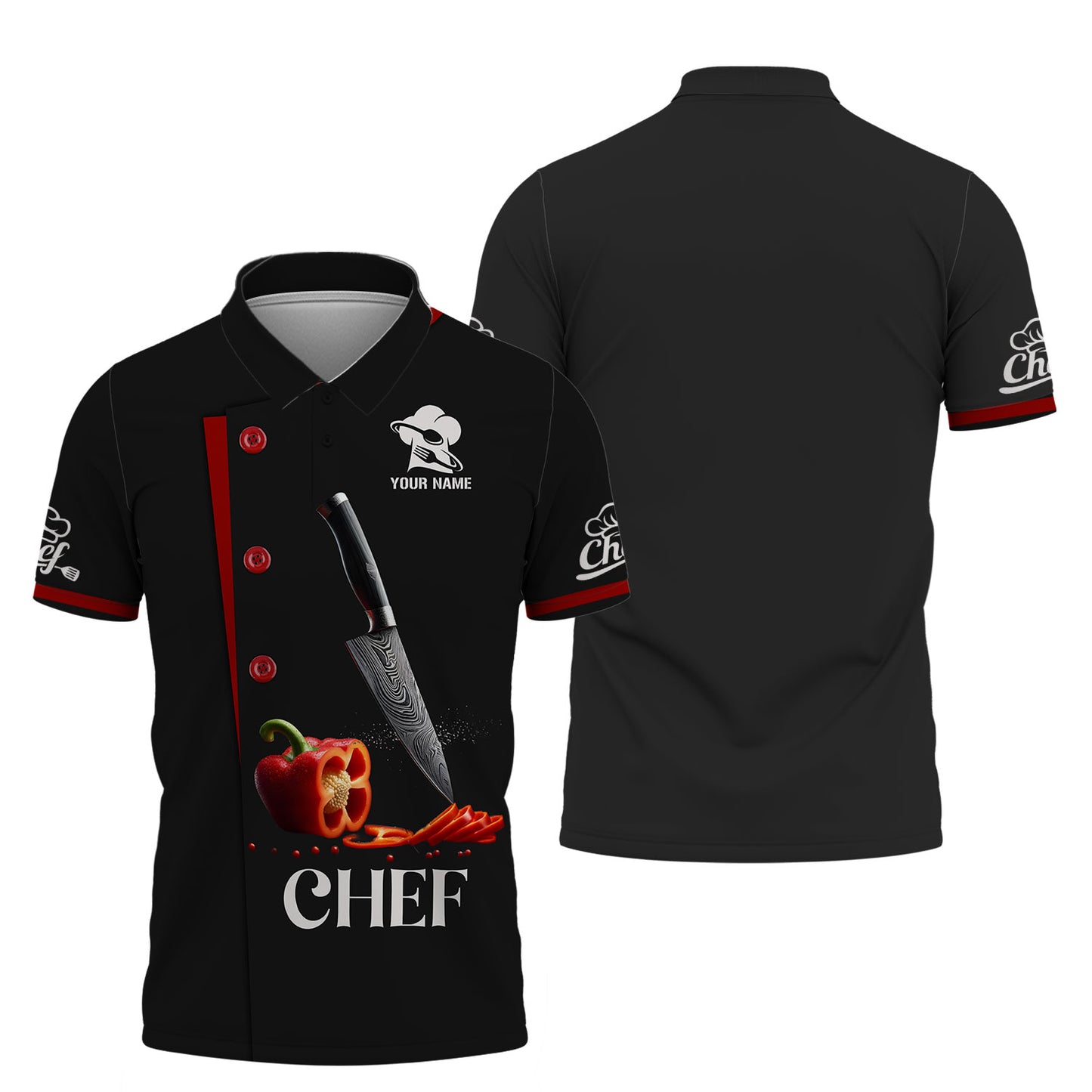 Personalized Chef Shirt, Precision Knife & Red Pepper Accent