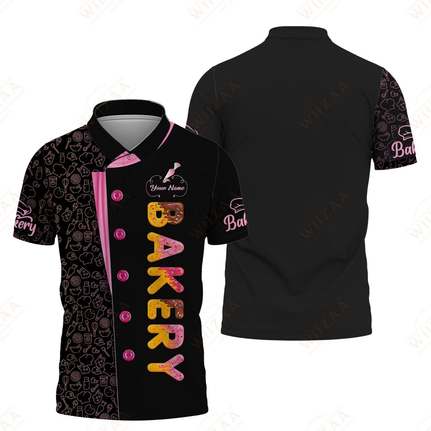 Personalized Baker Shirt, Colorful Donut Lettering with Patisserie Pattern Trim