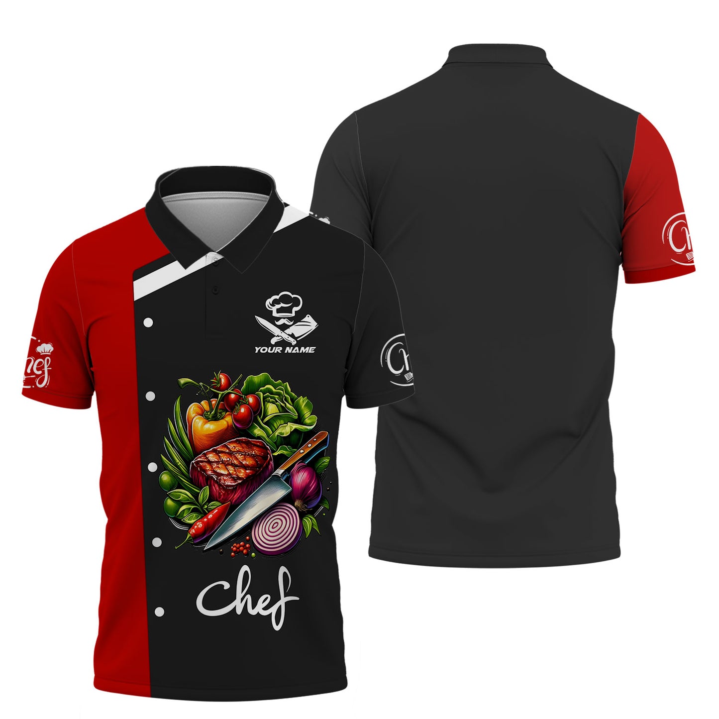 Personalized Chef Shirt, Colorful Fresh Ingredients and Grilled Meat Design