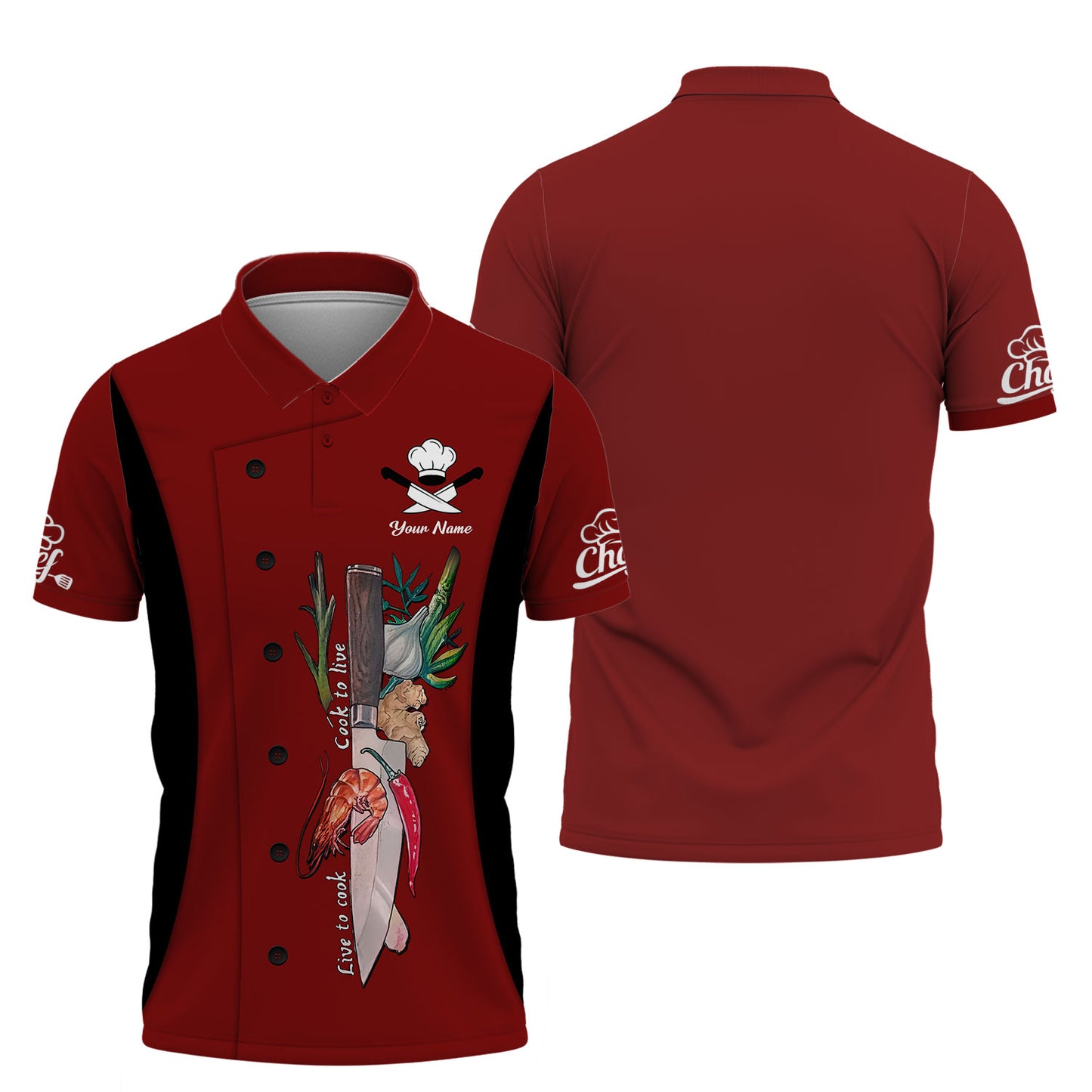 Personalized Chef Shirt, 'Cook to Live, Live to Cook' Motto with Herb and Spice Accents