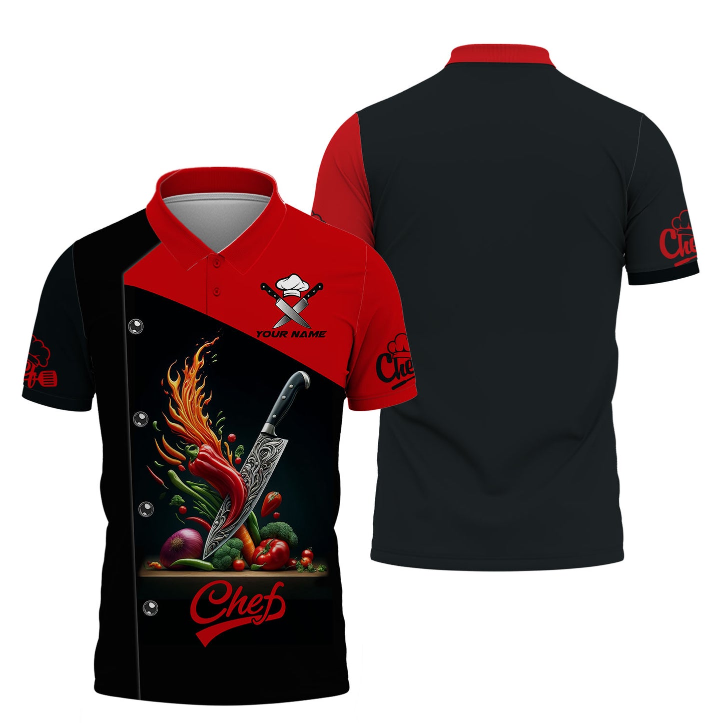 Personalized Chef Shirt, Enflamed Culinary Knife with Dynamic Vegetable Splash