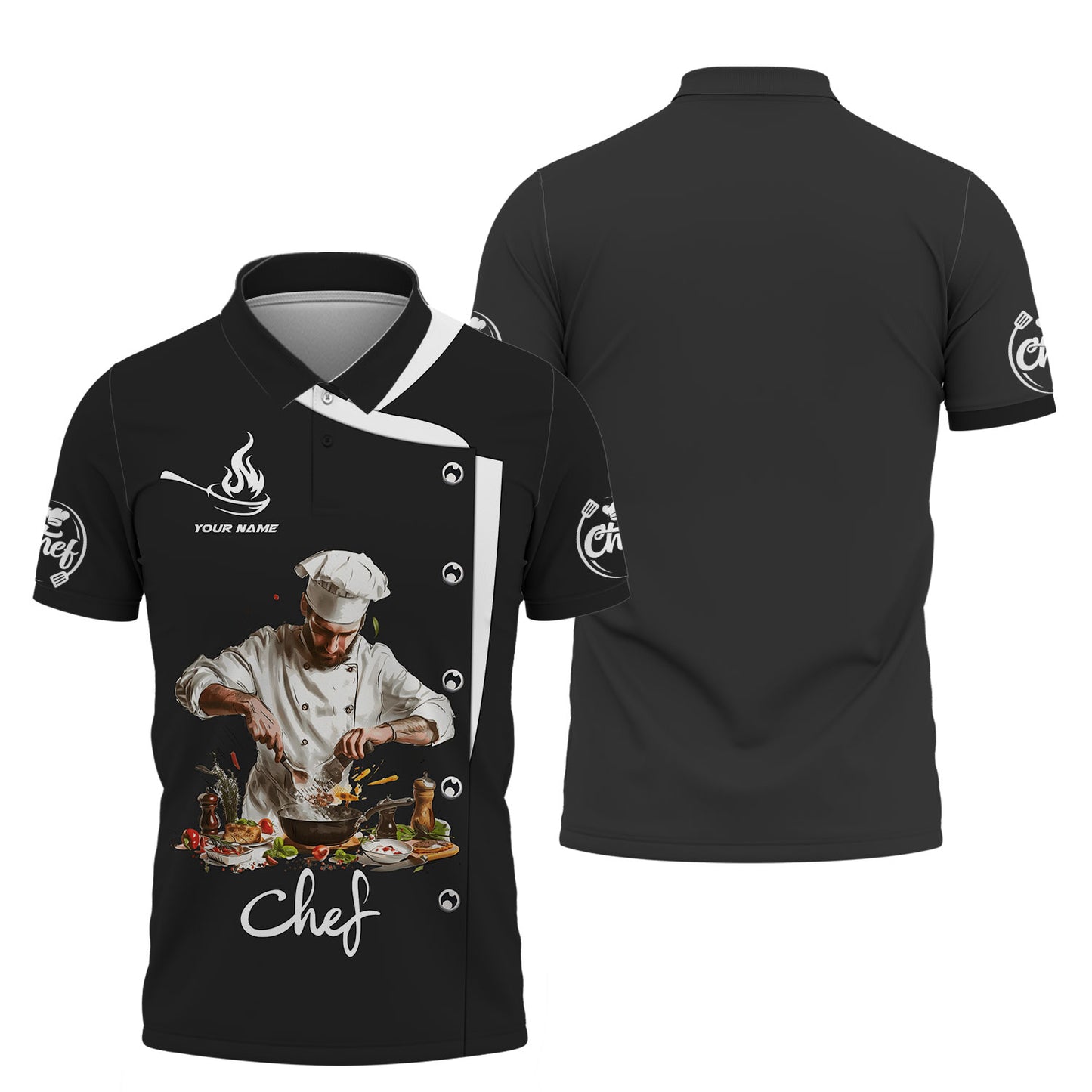 Personalized Chef Shirt, Master Chef in Action with Dynamic Kitchen Scene