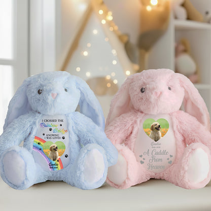 Custom Photo Memorial I Crossed Rainbow Bridge- Plush Stuffed Bunny Rabbit - Pet Loss