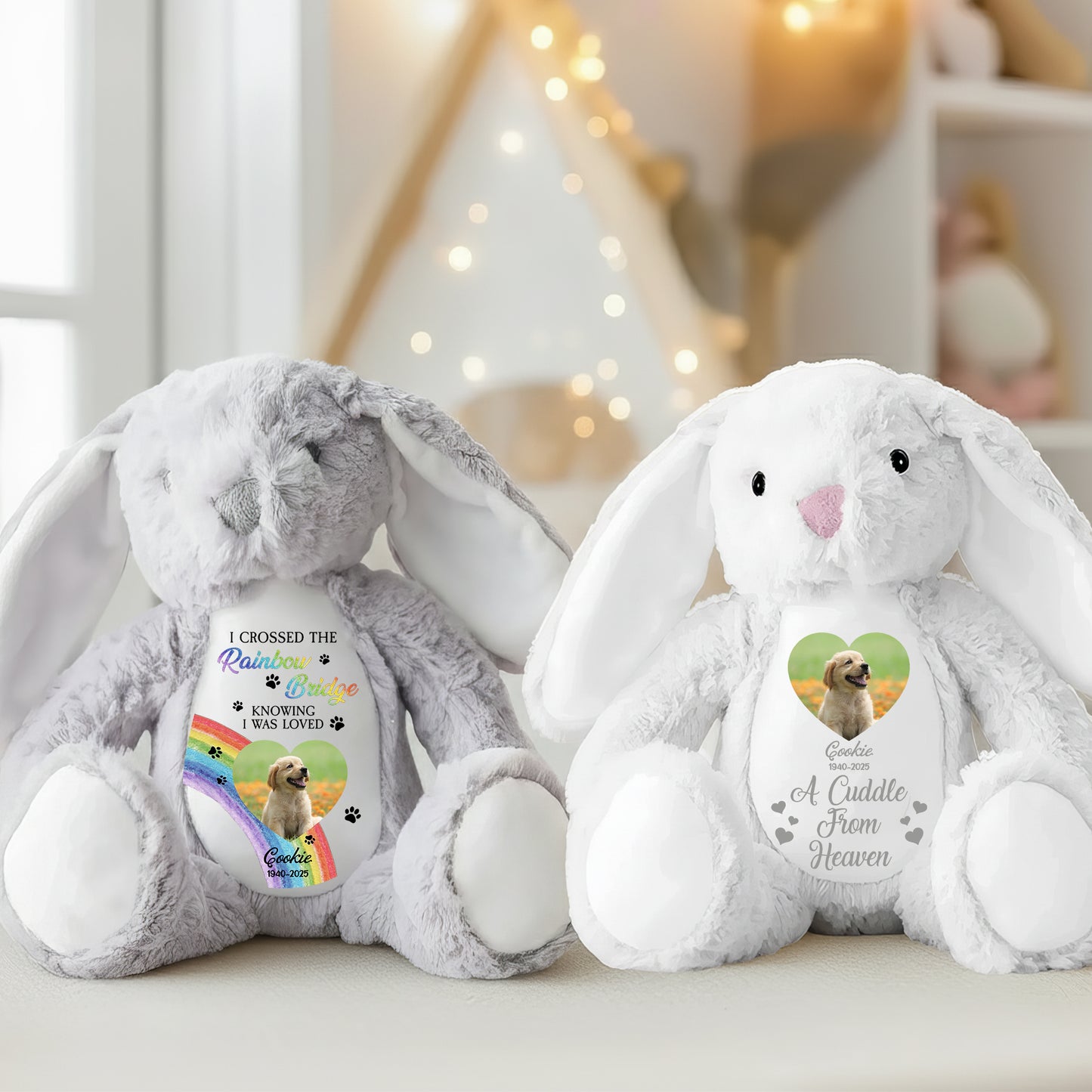 Custom Photo Memorial I Crossed Rainbow Bridge- Plush Stuffed Bunny Rabbit - Pet Loss