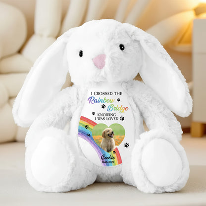 Custom Photo Memorial I Crossed Rainbow Bridge- Plush Stuffed Bunny Rabbit - Pet Loss