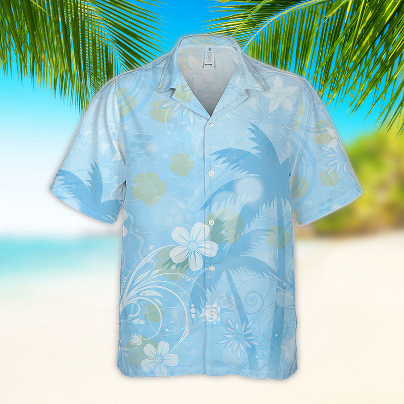 Hibiscus Hawaiian Shirt - Unisex Light Blue Shirt with Subtle Tropical Palm & Floral Design