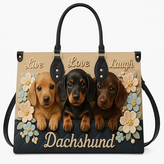 Dachshund Handbag – Live Love Laugh Tote Bag with 3D Flowers and Cute Dachshund Puppies