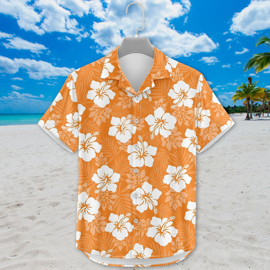 Hibiscus Hawaiian Shirt - Unisex Orange Shirt with White Tropical Flower Print