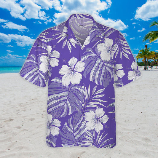 Hibiscus Hawaiian Shirt - Unisex Purple Shirt with White Flowers & Tropical Leaves