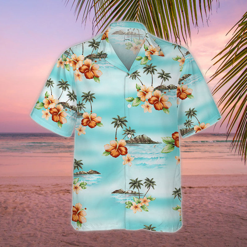 Hibiscus Hawaiian Shirt - Unisex Aqua Blue Shirt with Orange Flowers & Island Beach Scene