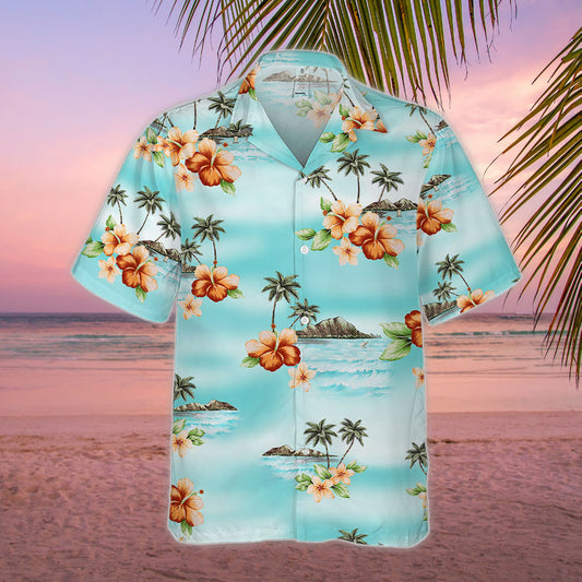 Hibiscus Hawaiian Shirt - Unisex Aqua Blue Shirt with Orange Flowers & Island Beach Scene