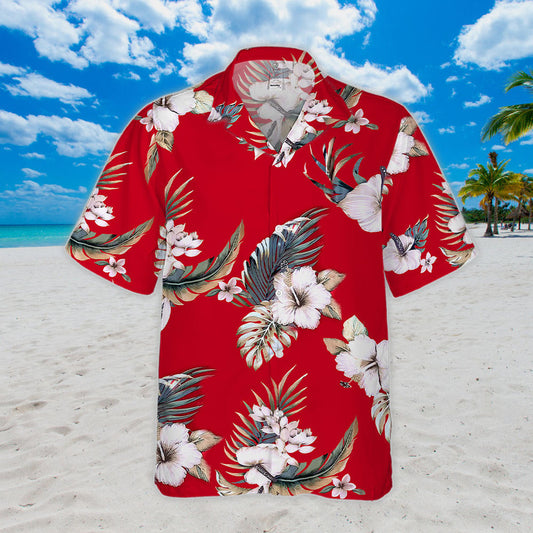 Hibiscus Hawaiian Shirt - Unisex Red Shirt with White Flowers & Tropical Leaf Print