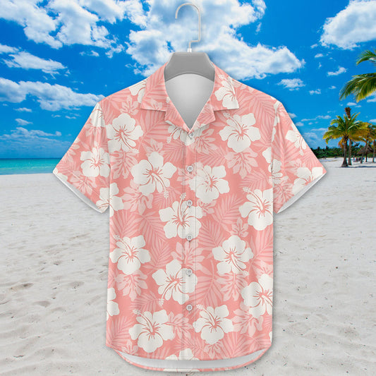 Hibiscus Hawaiian Shirt - Unisex Pastel Pink Shirt with White Floral & Leaf Pattern