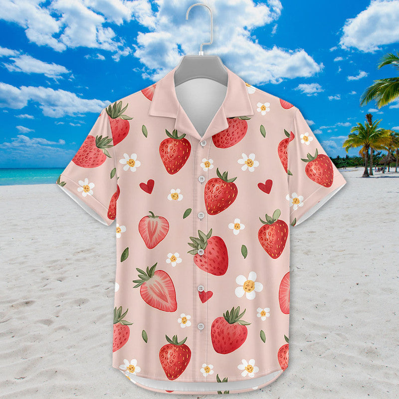 Strawberry Hawaiian Shirt - Unisex Pink Shirt with Cute Red Berries & Floral Pattern
