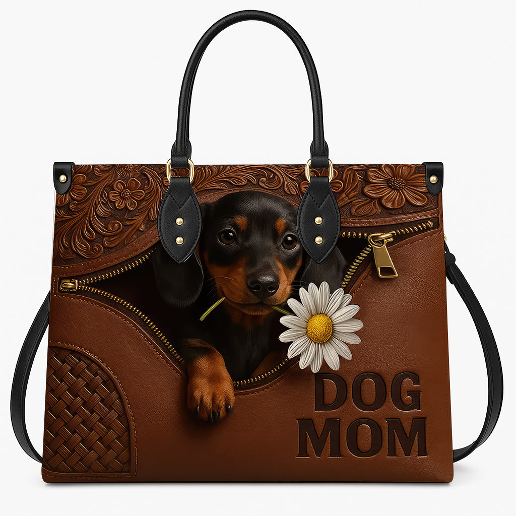 Dachshund Lover Handbag - Dog Mom Purse with Floral Tooled Leather & Adorable Puppy