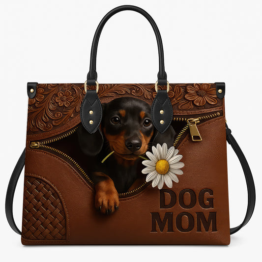 Dachshund Lover Handbag - Dog Mom Purse with Floral Tooled Leather & Adorable Puppy