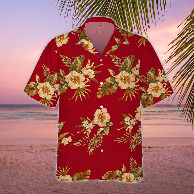 Hibiscus Hawaiian Shirt - Unisex Red Shirt with Yellow Flowers & Tropical Leaf Design