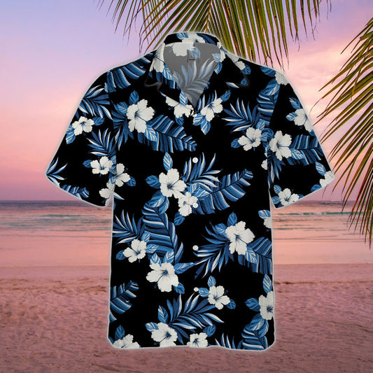 Hibiscus Hawaiian Shirt - Unisex Black Shirt with White Flowers & Blue Tropical Leaves